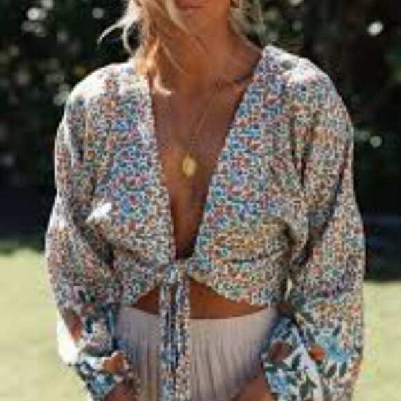 Floral Tie-Front Crop Top - Blue and Orange - Picture 3 of 10